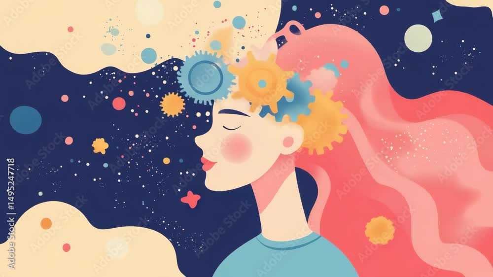 Conceptual illustration of a woman with gears as a brain