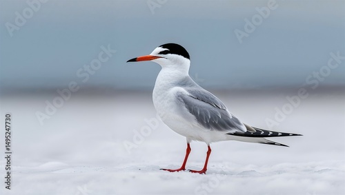 Arctic tern standing upright with short legs and forked tail on white background

