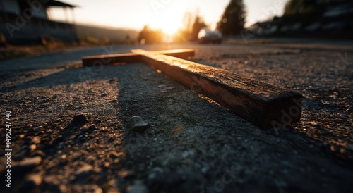 Wallpaper Mural Wooden Cross Lying on a Rural Road at Sunset, Symbolizing Faith, Spirituality and Hope in Times of Crisis : Generative AI Torontodigital.ca
