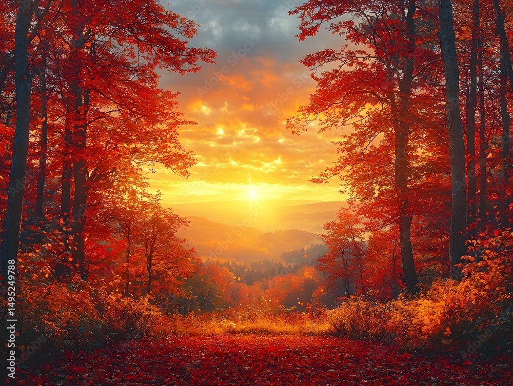 Fototapeta premium Vibrant Autumn Forest Valley at Sunset