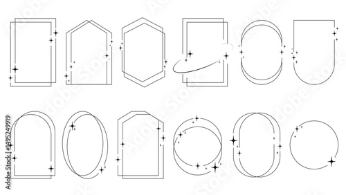 Set of trendy frames with stars. Thin black line, variation of shape frame with sparkles. Completely minimalistic starry templates, vector graphics