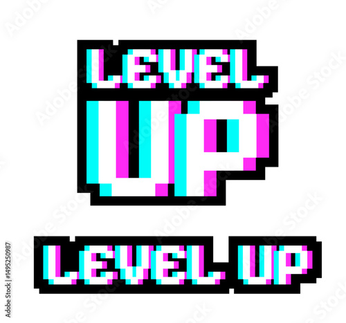 Level up text vector illustration. Getting a new level. Level up. Earned a level up. Glitch effect style text