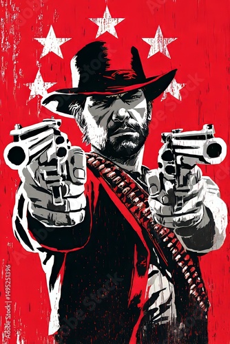 A vintage distressed painting retro poster stock illustration image depicting an American cowboy outlaw gunslinger in the Wild West frontier of Texas shooting a revolver gun