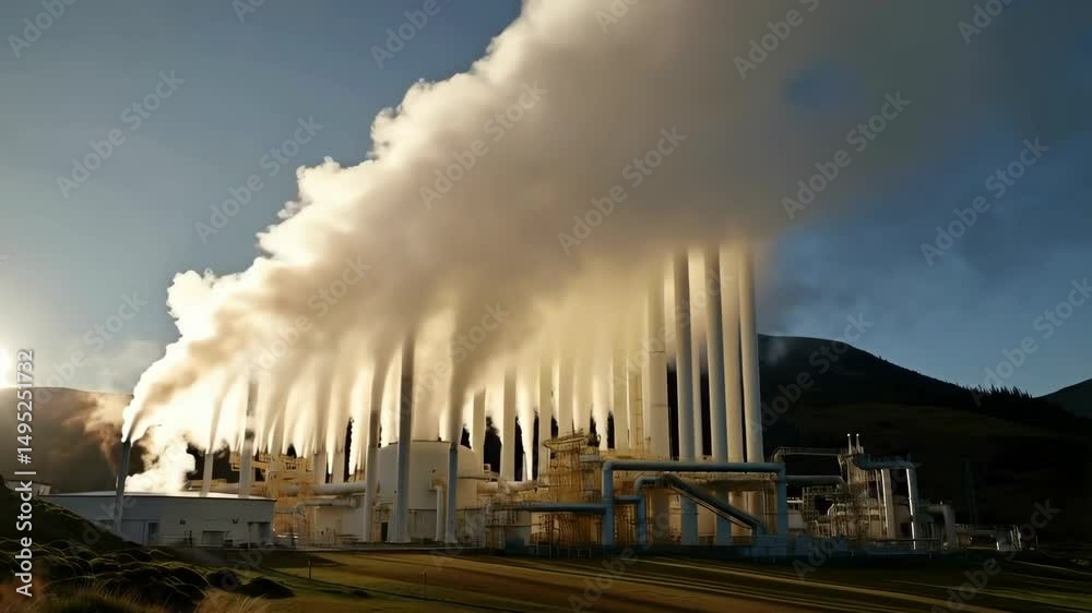 Geothermal power plant with steam rising from vents into blue sky ...