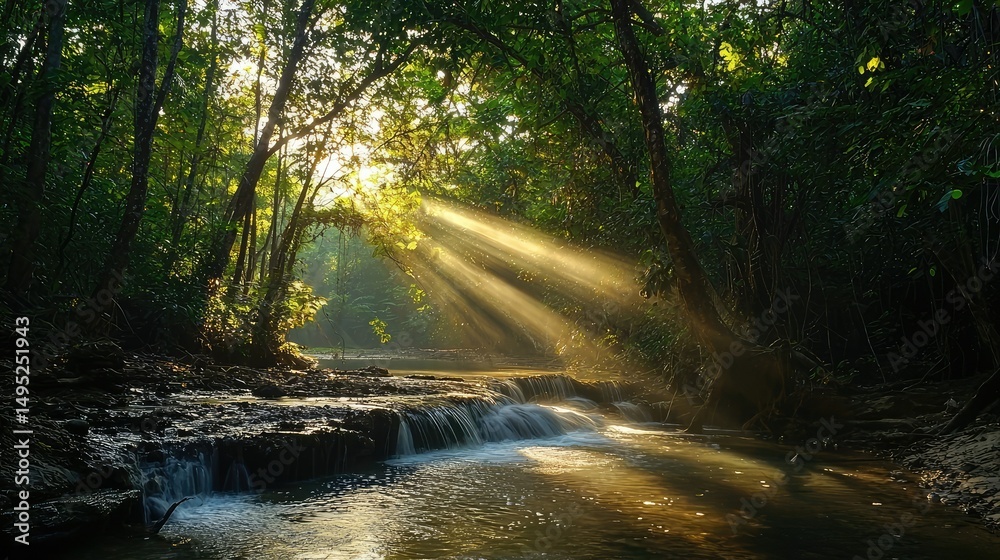 Obraz premium The sunlight breaking through the trees, casting a warm glow over the stream that runs from Haew Suwat Waterfall.
