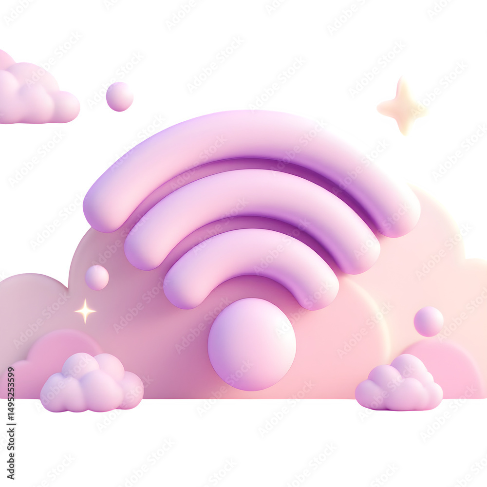 Obraz premium A pastel wifi symbol on a cloud with stars and spheres in a dreamy aesthetic against a black background isolated with white background