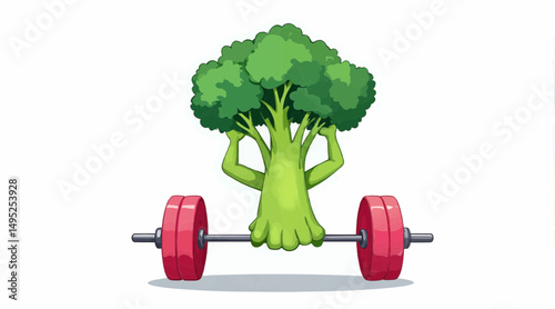 Cartoon broccoli lifting weights with red barbell in a fun design  