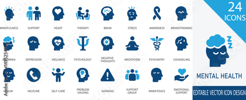 A modern collection of black vector icons representing key mental health concepts, including therapy, self-care, emotional support, mindfulness, awareness, brain wellness, and more.