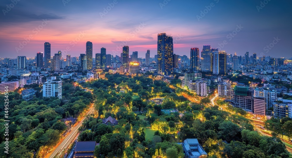 Obraz premium City Forest: Modern Bangkok Cityscape with Lush Green Surroundings
