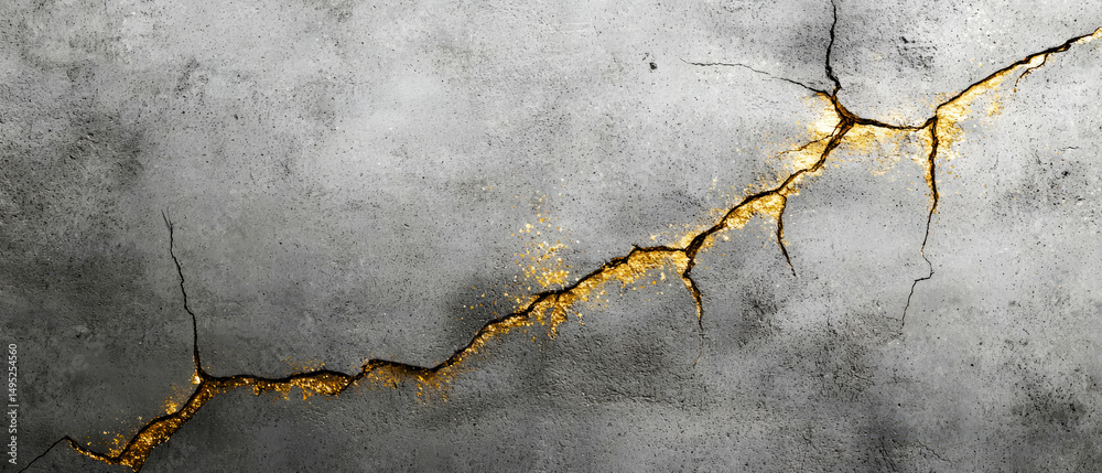 Obraz premium Texture abstract background with grey kracked concrete wall with glowing golden veins. 