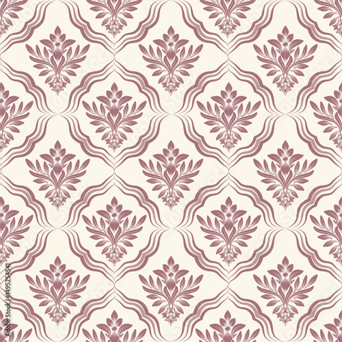 seamless damask pattern with red flower element and cream background, vintage design, vector illustration elegant for textile, curtain, cushion cover, rug, scarf, scarf, bedding, upholstery fabric
