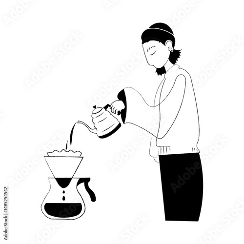 Barista pouring water Hand drip coffee Slow bar Cafe Coffee shop Hand drawn line art illustration vector