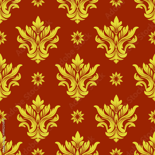 Damask seamless pattern with golden floral elements and dark red background, vintage design, vector illustration elegant for textile, wall paper, curtains, cushion cover, rug, upholstery fabric, scarf