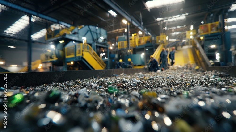 Obraz premium Recycling Plant Conveyor Belt with Workers Sorting Waste, Illustrating Environmental Responsibility and Sustainable Manufacturing Practices : Generative AI