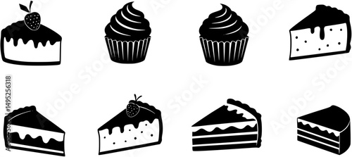 Traditional European and American dessert and popular cake black silhouette icons set on white. Vector stencil clipart, minimalist bakery sign or logo design. Cheesecake, cupcake, brownie and tiramisu