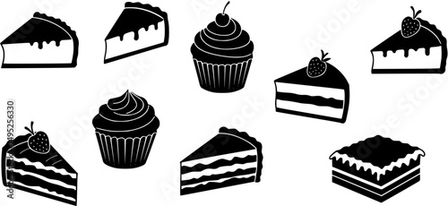 Traditional European and American dessert and popular cake black silhouette icons set on white. Vector stencil clipart, minimalist bakery sign or logo design. Cheesecake, cupcake, brownie and tiramisu