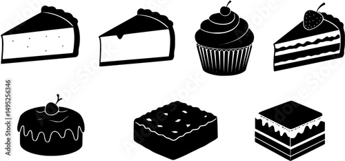 Traditional European and American dessert and popular cake black silhouette icons set on white. Vector stencil clipart, minimalist bakery sign or logo design. Cheesecake, cupcake, brownie and tiramisu