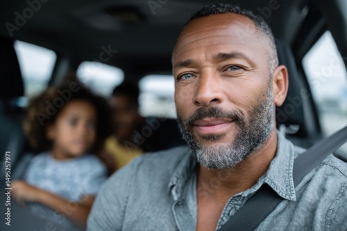 A happy man sits in the driver's seat, smiling, with two kids playing in the backseat, creating a joyful moment encapsulated in the everyday family car ride.