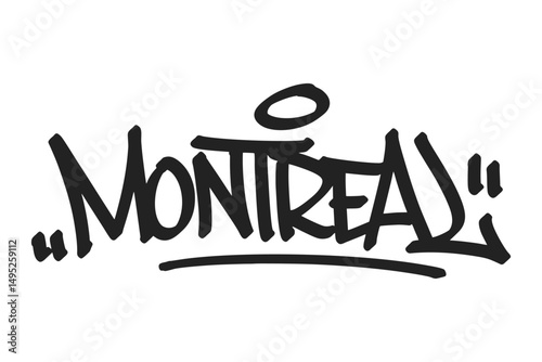 Montreal graffiti tag in bold black lettering on white background. Clean urban style, perfect for multicultural city vibes, music, and creative street art projects.