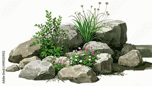 Petals & Granite: A Liquid Harmony flowers on stone isolated watercolor vector illustration svg