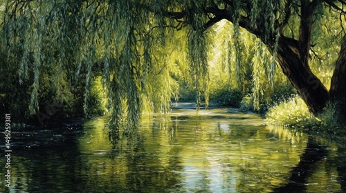 Serene weeping willow reflections on a tranquil, light-dappled river surface