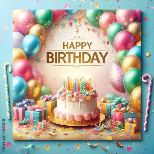 birthday cake with candles,birthday cake with candles, Colorful Birthday Party Celebration with Cake, Balloons, and Gifts – 3D Illustration , happy birthday card
