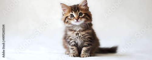 Cute fluffy kitten, sitting in full-body pose, white background, sharp and clear.
