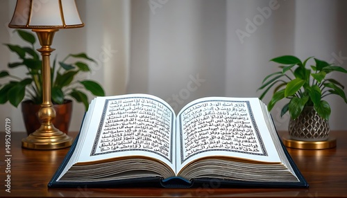 Open Quran with Arabic Calligraphy under Lamp, Peaceful Islamic Study