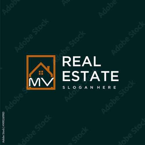 MV letter monogram logo creative home real estate in square style design
