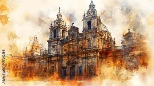 Cathedral of Santiago de Compostela. Cathedral of Santiago de Compostela hand drawn watercolor illustration