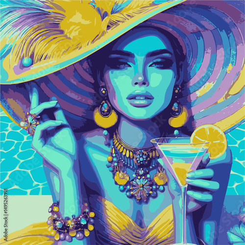 Vibrant woman in a large hat holding a cocktail by the poolside  
