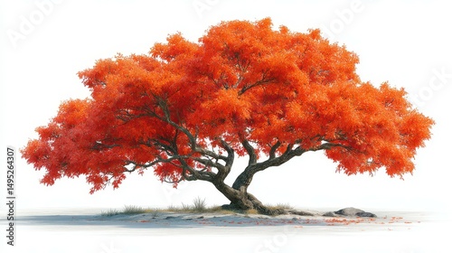 Vibrant autumn tree with striking orange foliage in a serene landscape during the fall season