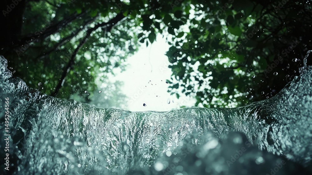 Obraz premium The view from behind a waterfall offers a stunning contrast of the rushing water against the still, green rainforest below.