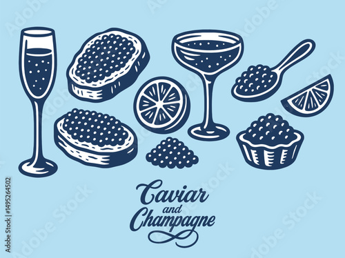 Caviar and champagne set retro bold line vector illustration