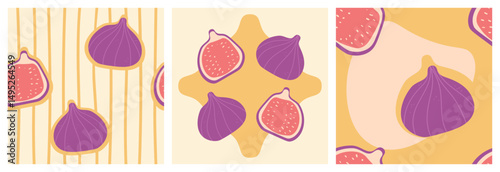 A fruity summer set with fig seamless patterns. Juicy yellow, purple and pink colors. Modern, bright, hand-made flat design