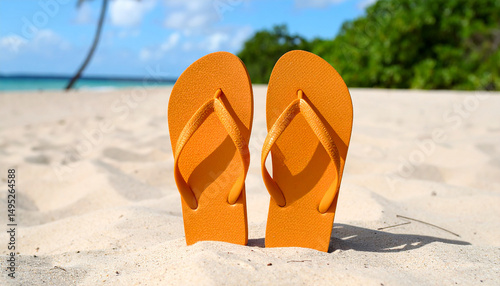 Orange Flip Flops on Sandy Beach – Summer Vacation Footwear Scene for Adobe Stock Contributor