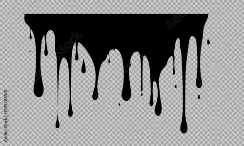 Flowing black liquid, spilled paint, ink splashes, vector illustration, oil drops or chocolate drops	