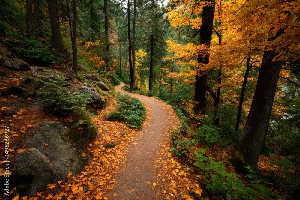 Fototapeta premium Winding Trail Through Autumn Forest With Golden Leaves, Showcasing Natural Beauty and Outdoor Adventure for Travel and Ecotourism Campaigns : Generative AI