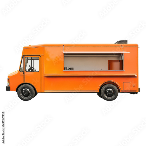 Bright Orange Food Truck Ready for Service in Urban Setting on transparent background