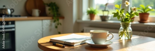 Wallpaper Mural Chic kitchen, small table setting, herbal tea, notebook, stylish, wood Torontodigital.ca