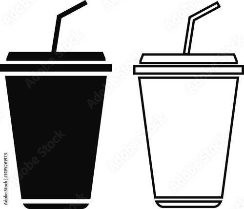 Coffee cup icons set black flat, outline styles. Paper cup logos template. Takeaway concept. Coffee house emblem, creative cafe vectors illustration symbols. Web site page, mobile app design elements.
