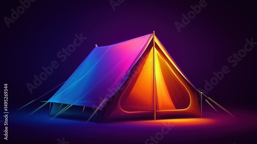 Futuristic camping tent illuminated with vbrant neon colors glowing brightly at dark night