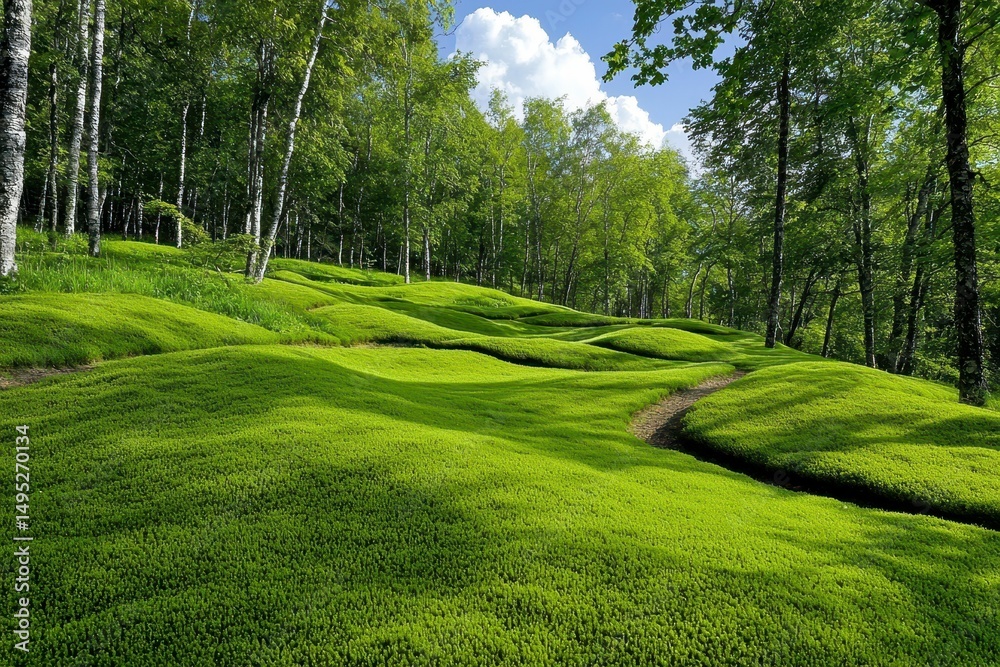 Fototapeta premium Zielone wzgórza skąpane w słońcu i bujna roślinność pod letnim niebem