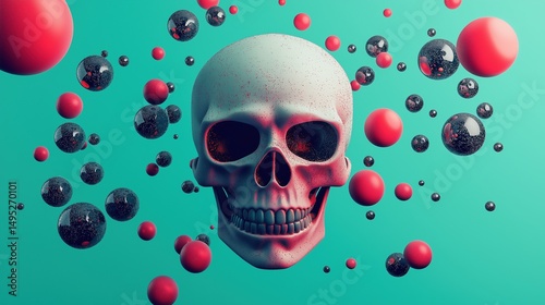 Skull expressing danger among bubbles image render 3d. Dark fantasy composition. Death symbol on turquoise background realistic graphic. Conceptual idea, visual storytelling