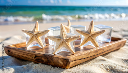 Starfish in ice cubes on wooden tray at seaside