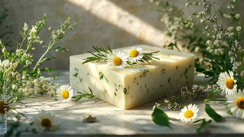 Handmade organic herbal soap with natural ingredients various herbs on light backdrop with shadows. Concept of sustainable use, bath products, skin care products advertisement spa cosmetics. aesthetic