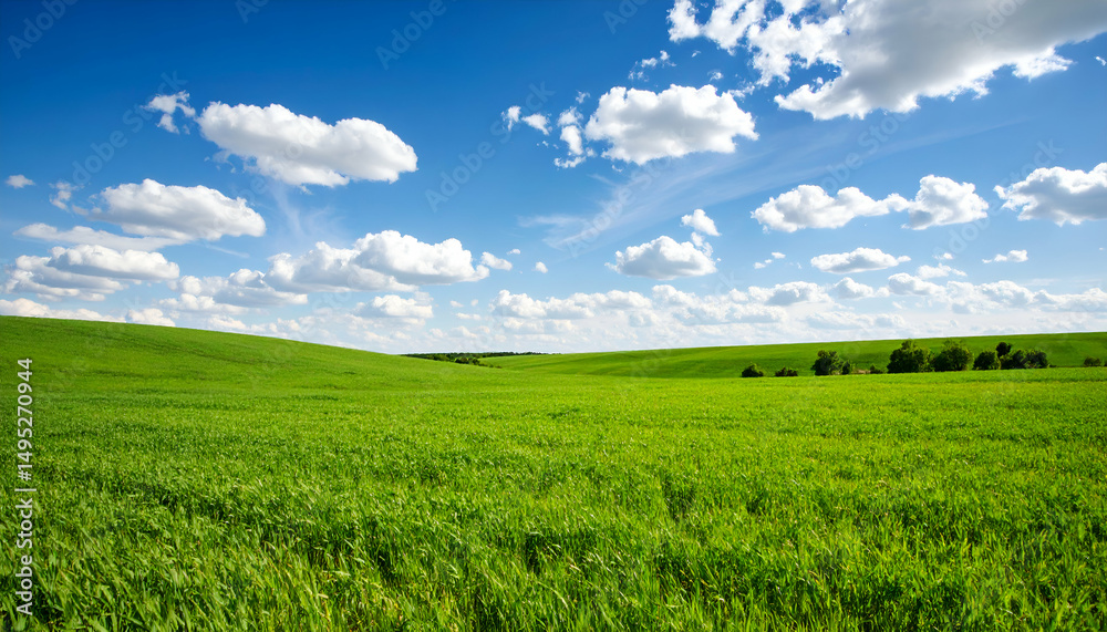 Naklejka premium Serene Green Field Landscape Under a Vivid Blue Sky with Fluffy Clouds
