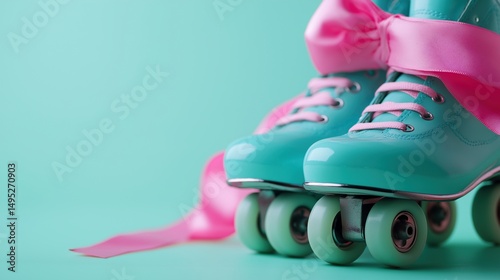 Old fashioned roller scatters with silk ribbon image render 3d. Fun and activity equipment. Boots with wheels on green background realistic graphic. Conceptual idea, visual storytelling