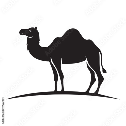 Minimalist black silhouette of a standing camel on a subtle arched ground