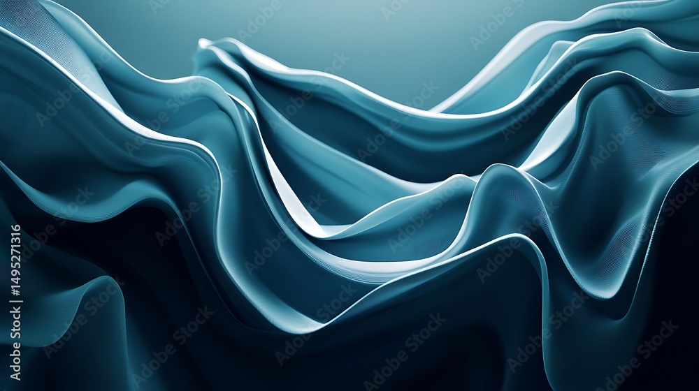 Obraz premium Digital illustration of flowing, abstract teal waves with subtle linear patterns.